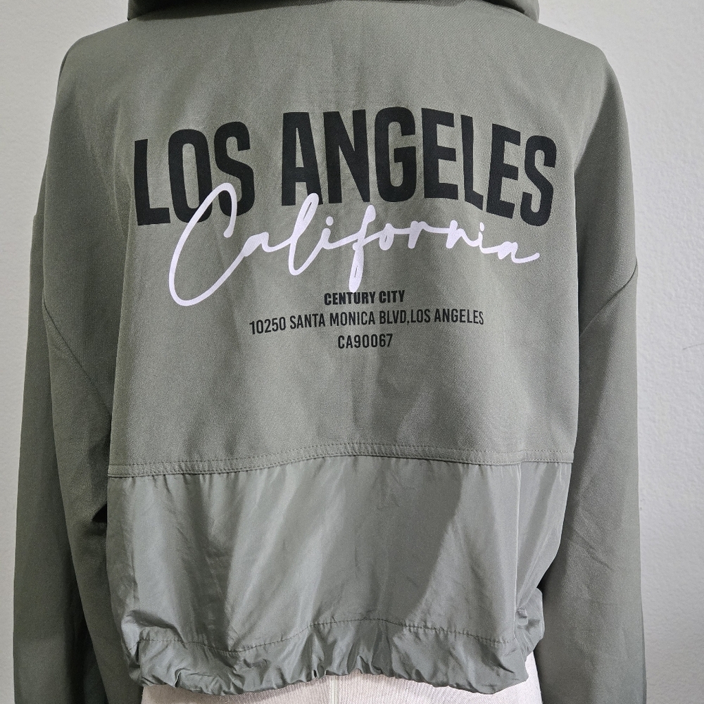 ZARA Olive Green Los Angeles Hoodie Half Zip Cropped Pullover Size Large - Picture 4 of 16